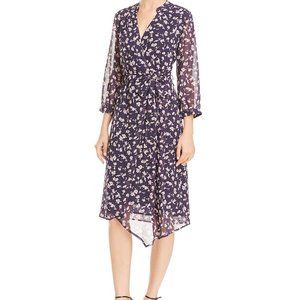 AQUA Floral Print Asymmetric Wrap Dress NAvy XS